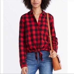 Madewell Buffalo Plaid Tie Front Cotton Flannel Red and Black Size Small